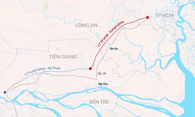 Hướng tuyến cao tốc TP HCM - Trung Lương nối miền Tây.