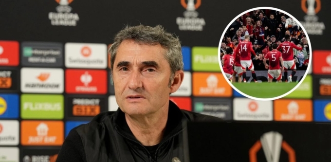 HLV Valverde cẩn trọng khi nhắc đến Man Utd, trong phòng họp báo trên sân San Mames, Tây Ban Nha hôm 1/5. Ảnh: SM