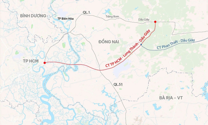 Hướng tuyến cao tốc TP HCM - Long Thành - Dầu Giây.