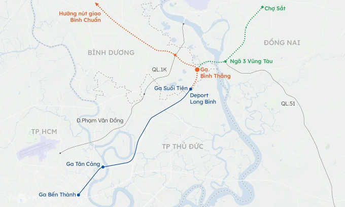 Hướng tuyến phương án metro từ TP HCM đi Đồng Nai.