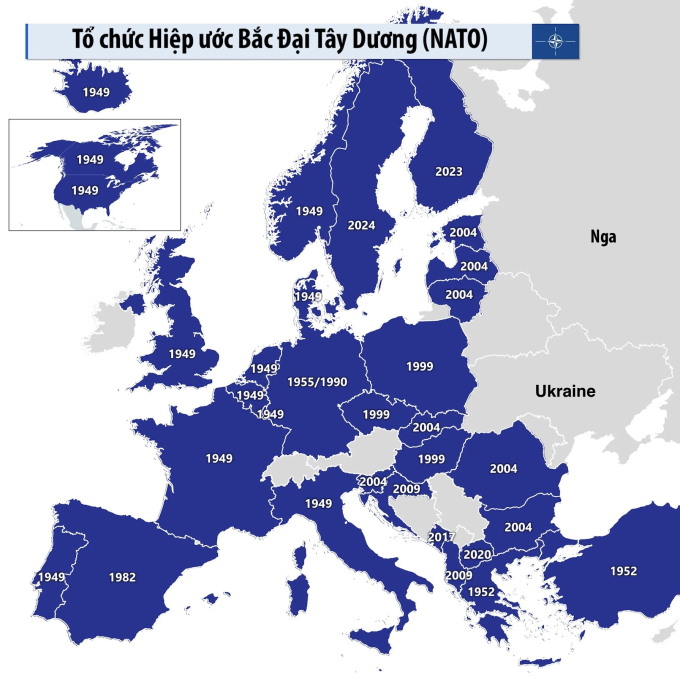 Vị trí của Nga, Ukraine và các nước thành viên NATO cùng năm gia nhập.
