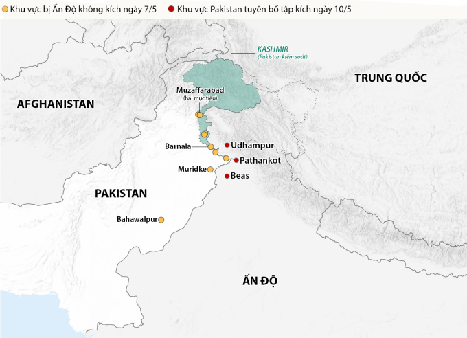 Các khu vực tại Ấn Độ bị Pakistan tập kích sáng 10/5.