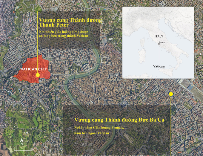 Vị trí Vương cung Thánh đường Thánh Peter và Vương cung Thánh đường Đức Bà Cả. Đồ họa: AA