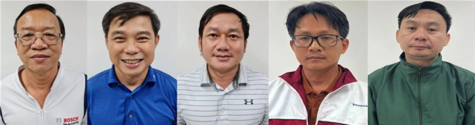 Các bị can Trần Ngọc Linh; Nguyễn Thành Ngôn; Trương Tấn Đạt; Lê Quang Nghĩa; Tạ Thúc Thông (từ trái qua). Ảnh: Bộ Công an