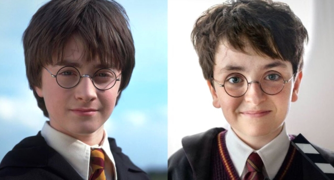 Tạo hình của Daniel Radcliffe khi đóng phim Harry Potter năm 12 tuổi và diễn viên nhí Dominic McLaughlin.