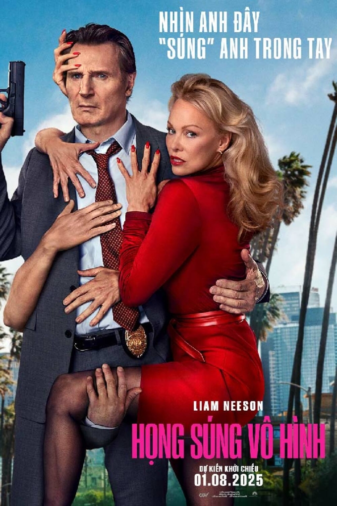 Poster The Naked Gun, có Liam Neeson và Pamela Anderson đóng chính.
