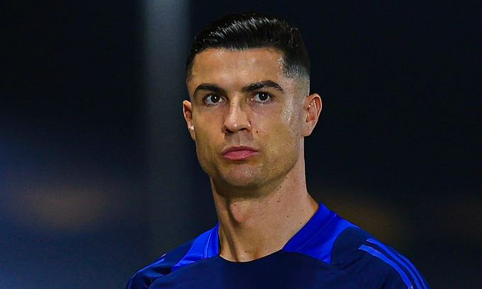 Ronaldo trong buổi tập của Al Nassr trước trận gặp Yokohama F Marinos tại tứ kết AFC Champions League Elite trên sân Prince Abdullah Al Faisal Sports City, thành phố Jeddah, Arab Saudi tối 26/4/2025. Ảnh: ANFC