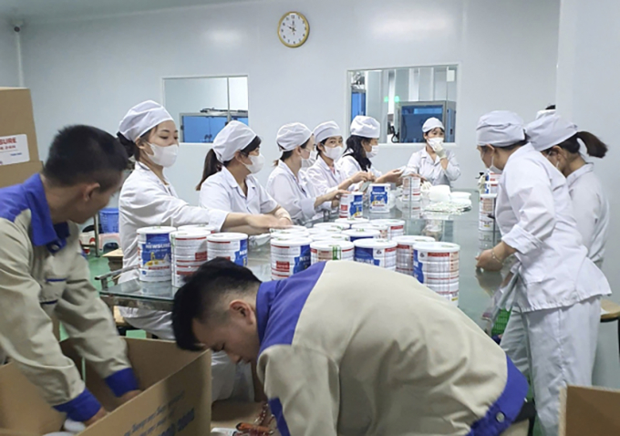 Công nhân đóng hộp thành phẩm sữa giả tại cơ sở sản xuất, chuẩn bị bán ra thị trường.