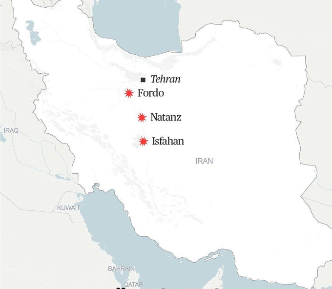 Ba cơ sở hạt nhân Iran bị Mỹ không kích. Đồ họa: NBC