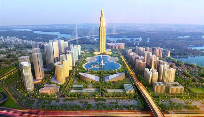 Phối cảnh tháp tài chính 108 tầng của dự án thành phố thông minh.